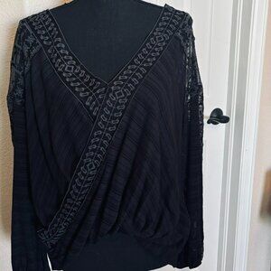 Free people- grey lace v neck long sleeve with open back